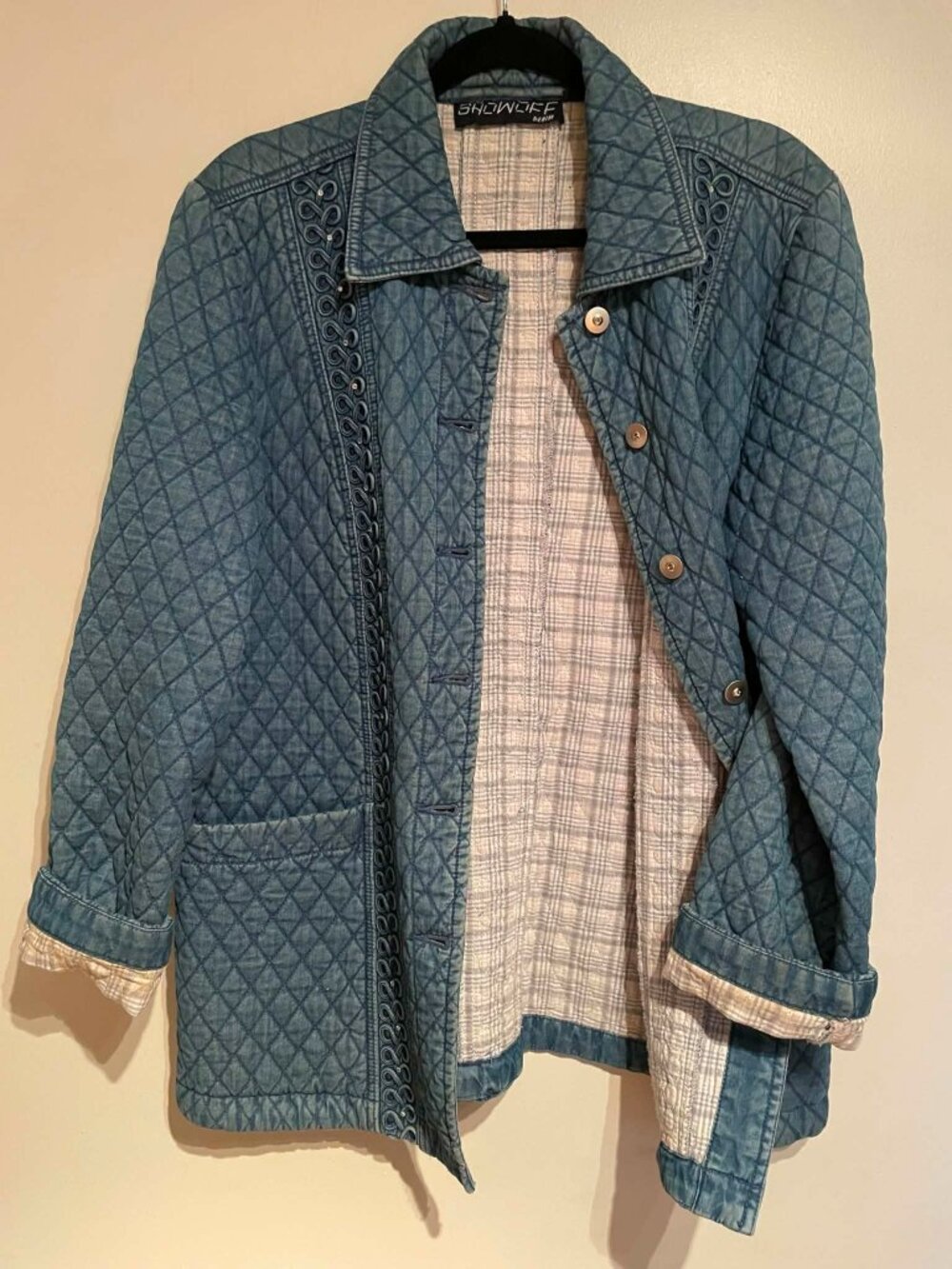 Denim Quilted Jean Jacket SIZE LARGE Rhinestone Embellished SHOWOFF Y2K BOHO